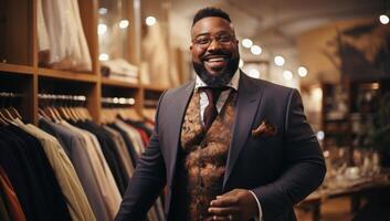 AI generated Inclusive Wedding Style - Plus Size Man Selects His Suit photo