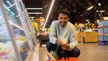 retrato do indiano homem comprando queijo. uma homem compras queijo dentro mercearia loja video