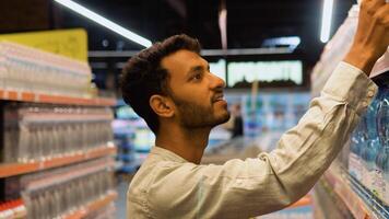 Handsome indian guy holding shopping basket and buying mineral water at supermarket video