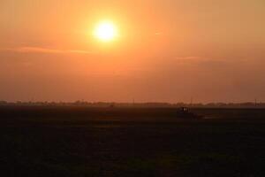 Tractor plowing plow the field on a background sunset. tractor silhouette on sunset background photo