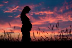 ai generado embarazada mujer silueta en contra puesta de sol cielo foto