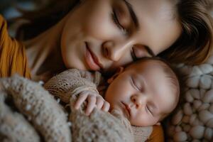 AI generated A young mother sleeping together with her baby photo