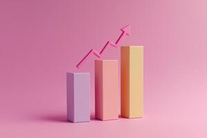 AI generated Ascending bar graph with arrow on pink background photo