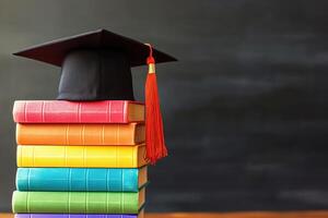 ai generado graduación gorra en un apilar de vistoso libros con Copiar espacio foto