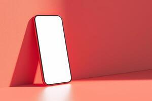 AI generated Smartphone mockup on red background for template design photo
