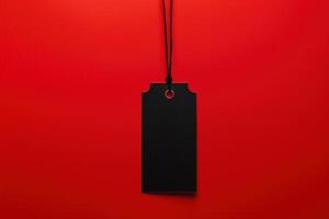 AI generated A blank black price tag hanging on a red background photo