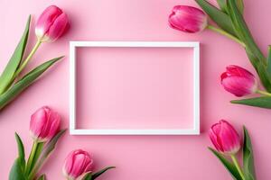 AI generated Pink tulips with white frame on pink background photo