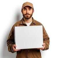 AI generated Delivery man delivering a white blank mockup package photo