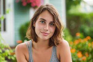 AI Generated content young woman sitting in garden in front of her house photo