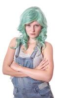 young woman with green hair sulking photo