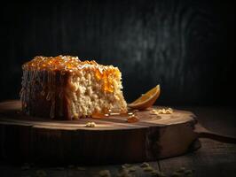 AI Generated A piece of Yummy Bisquit Honey Cake on Wooden Background. Low Key Food Photo. Generative Ai. High quality illustration photo