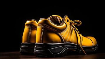 AI generated close up shot of a pair of yellow safety leather shoes in dark background photo