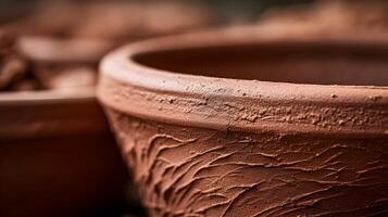 AI generated closeup shot of a clay pot's detailed raw and organic feel of the material texture photo