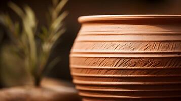AI generated closeup shot of a clay pot's detailed raw and organic feel of the material texture photo