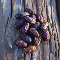 AI generated Dates arranged on a rustic wooden table photo