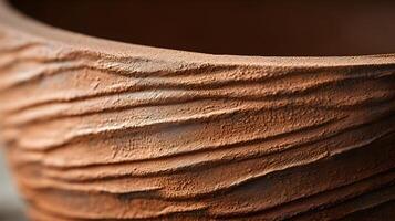 AI generated closeup shot of a clay pot's detailed raw and organic feel of the material texture photo