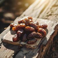 AI generated Dates arranged on a rustic wooden table photo
