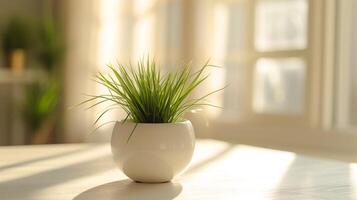 ai generado un blanco casa planta maceta sentado en un de madera mesa foto