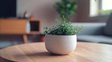 ai generado un blanco terra cotta planta en un mesa foto