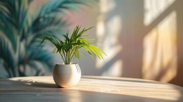 ai generado un blanco terra cotta planta en un mesa foto