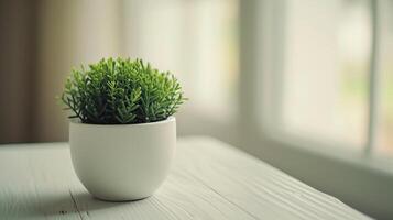 ai generado un blanco casa planta maceta sentado en un de madera mesa foto