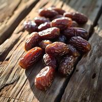 AI generated Dates arranged on a rustic wooden table photo