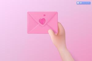 3d hand and Pink mail envelope with red heart icon symbol. Giving love email, message in love, Mother and Valentine Day greetings concept. 3D vector isolated illustration, Cartoon pastel Minimal style