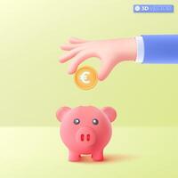 3d hand and piggy bank icon symbol. profit and growth, euro gold coin. money storage, financial, Money creative business concept. 3D vector isolated illustration, Cartoon pastel Minimal style.