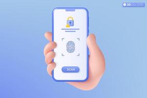 3d hand holding mobile phone scan fingerprint cyber secure icon symbol. recognition identity, biometric authorization security concept. 3D vector isolated illustration, Cartoon pastel Minimal style.