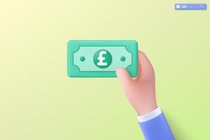 3d pound sterling bill icon symbol. green paper bill, Cash, interest rate, business and finance, investment, financial, payment concept. 3D vector isolated illustration, Cartoon pastel Minimal style