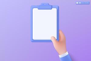 3D blue clipboard with blank sheet icon symbol. document for note, education, Drawing, contracts, schedule, mockup, work planning concept. 3D vector isolated illustration, Cartoon pastel Minimal style