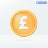 3d realistic pound gold coin icon symbol. Money cash, currency sign, investment,  profit or gain, treasure, finance or casino concept. 3D vector isolated illustration, Cartoon pastel Minimal style.