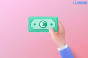 3d euro bill icon symbol. green paper bill, Cash, interest rate, business and finance, investment, financial, payment concept. 3D vector isolated illustration, Cartoon pastel Minimal style.