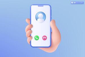 3d Realistic hand and mobile phone icon symbol. hand holding smart phone on pastel background, call or answer, Modern mockup concept. 3D vector isolated illustration, Cartoon pastel Minimal style.