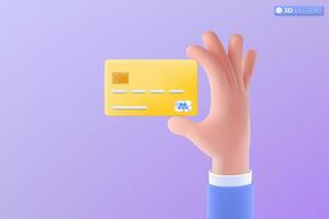3d hand and credit card icon symbol. debit or credit card, Business card, financial, security card, employee card, Mockup concept. 3D vector isolated illustration, Cartoon pastel Minimal style.