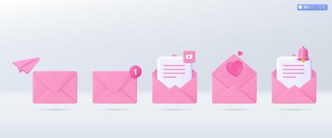 3d Pink mail envelope icon set symbol. Render email notification, play icon, heart valentine, bell, paper plane. communication concept. 3D vector isolated illustration, Cartoon pastel Minimal style.