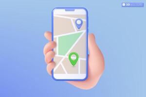 3d hand holding mobile phone with pinpoint on the map icon symbol. delivery tracking, location, destination, gps map navigation concept. 3D vector isolated illustration, Cartoon pastel Minimal style.