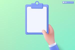 3D blue clipboard with blank sheet icon symbol. document for note, education, Drawing, contracts, schedule, mockup, work planning concept. 3D vector isolated illustration, Cartoon pastel Minimal style