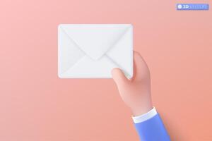 3d hand and whilte mail envelope icon symbol. Render email notification with letters, lay off, be fired from the company, donate concept. 3D vector isolated illustration, Cartoon pastel Minimal style.