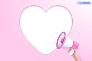 3d megaphone speaker with heart icon symbol. loudspeaker announce discount promotion, Sell reduced prices, love, valentine concept. 3D vector isolated illustration, Cartoon pastel Minimal style.