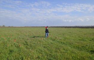 A man in a jacket on a field of tulips. Glade with tulips photo