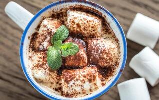 taza de cacao con Malvaviscos y cacao polvo foto