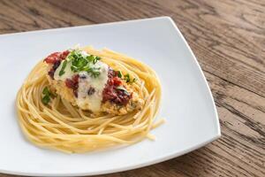 Baked chicken with parmesan and mozzarella photo