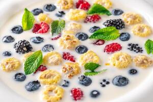 Cereal with milk and berries photo