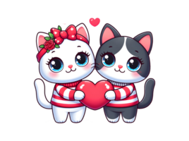 ai gerado uma fofa desenho animado casal do gatos dentro amor com coração para dia dos namorados dia cumprimento cartão, clipart, transparente fundo. png