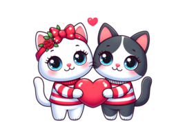 ai gegenereerd een schattig tekenfilm paar van katten in liefde met hart voor valentijnsdag dag groet kaart, clip art, transparant achtergrond. png