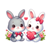 AI generated A cute cartoon couple of rabbits in love with heart for Valentines day greeting card, clipart, transparent background. png