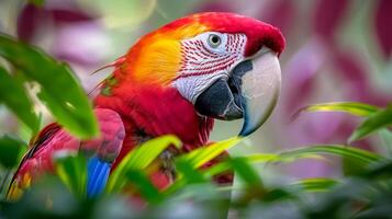 ai generado un imagen de un vistoso loro en el hojas de un árbol foto