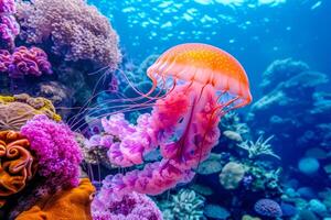 ai generado un enorme Medusa en brillante colores flotadores en el agua foto