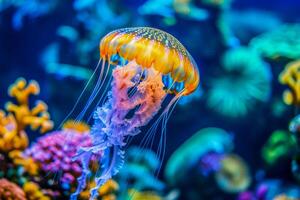 ai generado un enorme Medusa en brillante colores flotadores en el agua foto